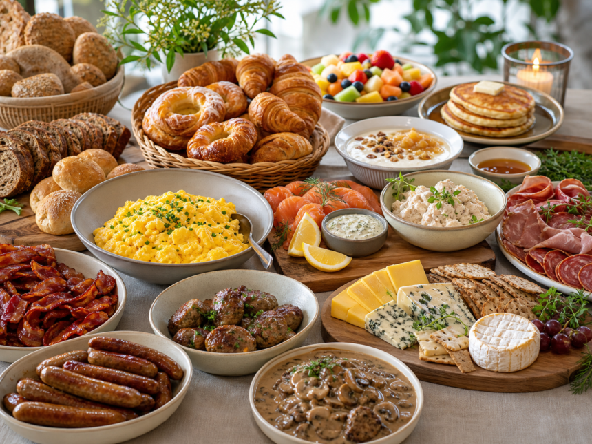 Brunchbuffet med æg, bacon, laks, oste, frugt, pandekager og friskbagt brød