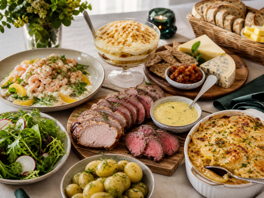 Dansk festbuffet med oksefilet, svinekam, tunmousse, kartofler, salater og dessert