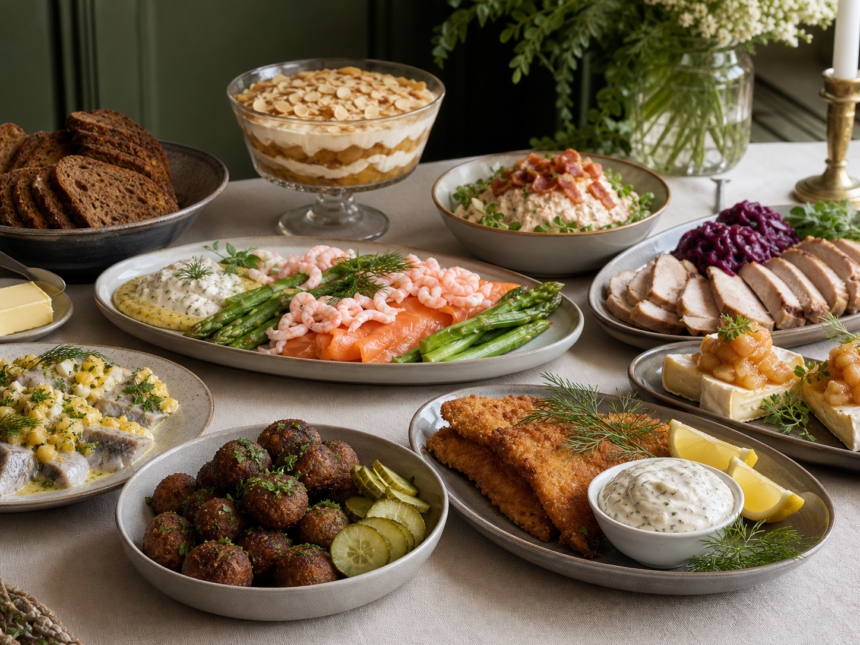 Dansk frokostbuffet med sild, laks, fiskefilet, frikadeller, ost og æbletrifli