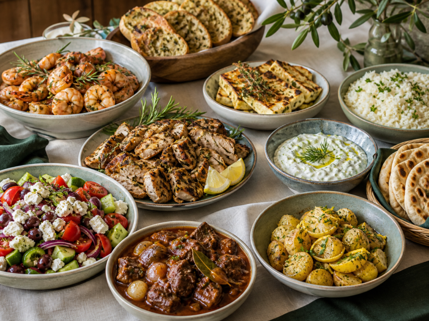 Græsk buffet med tigerrejer, gyros, stifado, salat, tzatziki og fladbrød