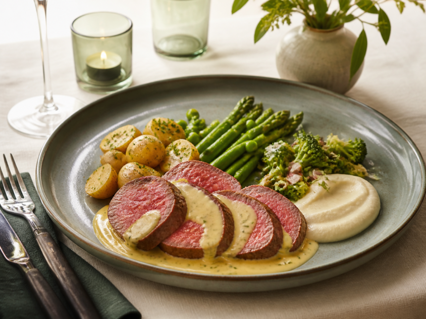 Rosastegt oksefilet med béarnaise, kartofler, asparges og grønt