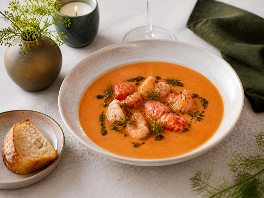 Cremet hummersuppe med tigerrejer, dildolie og brød