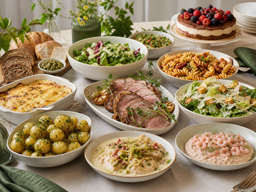 Konfirmationsbuffet med kalveculotte, kylling, salater, kartofler og Gateau Marcel
