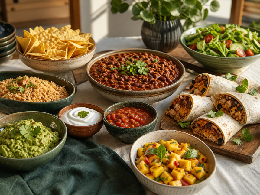 Mexicansk buffet med wraps, chili con carne, nachos, guacamole og friske salater