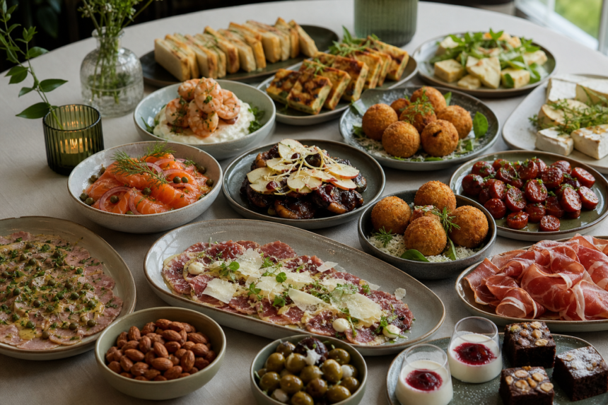 Tapas Deluxe med tigerrejer, Iberico, carpaccio, vitello tonnato, arancini, ost og desserter