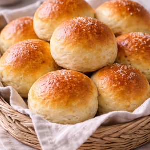 Friske hjemmelavede boller i flettet kurv